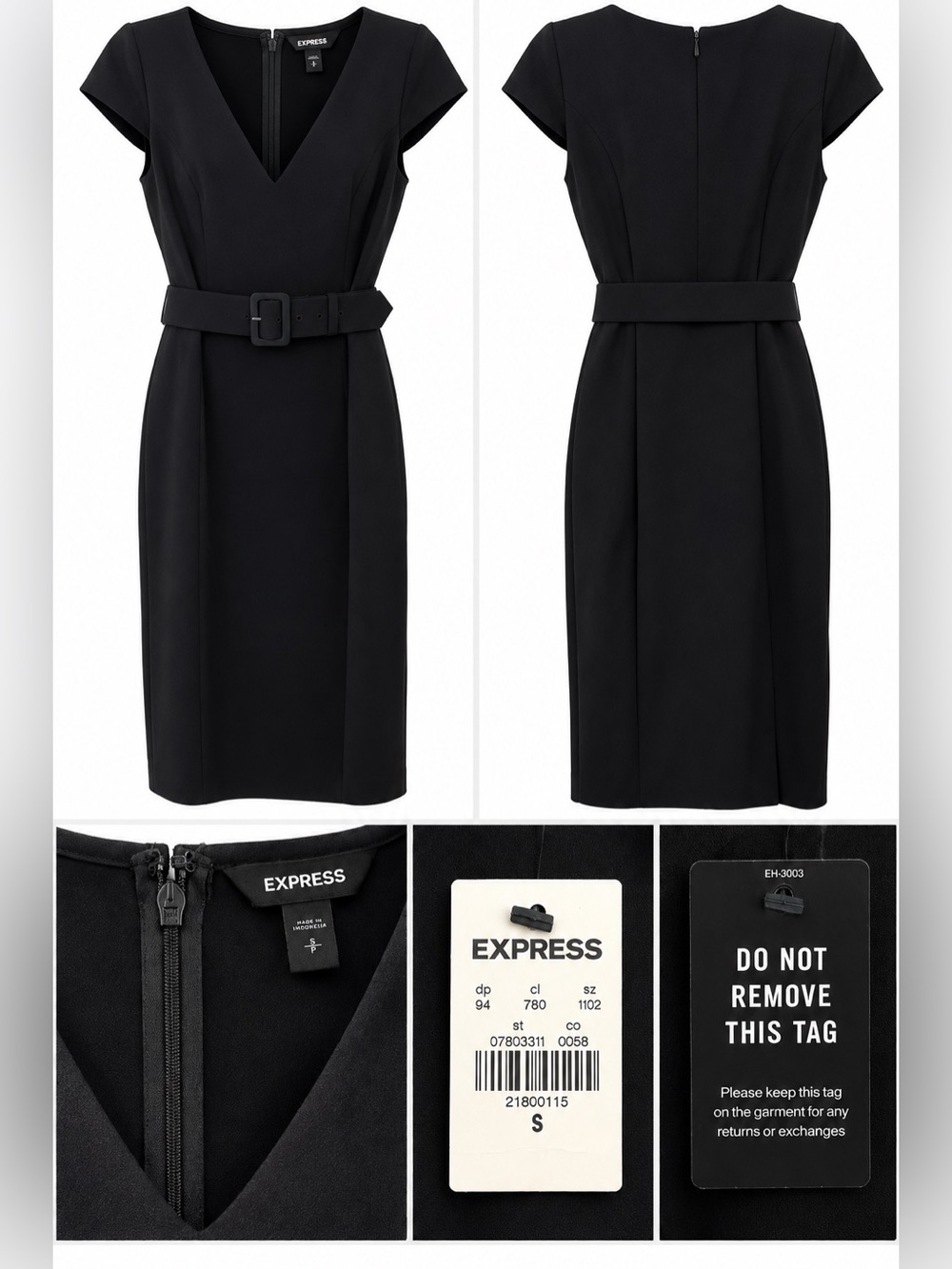 Express Black V-Neck Belted Midi Sheath Dress